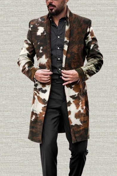 Mens Trench Coat Creative Camouflage Turn-down Collar Button-down Slim Fitted Long Sleeve Mid-Length Trench Coat