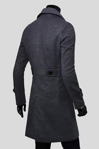 Mens Trench Coat Trendy Solid Color Wool-Tweed Wide Lapel Collar Double-Breasted Long Sleeve Slim Fitted Trench Coat