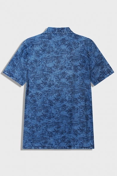 Novelty Mens Blue Shirt Palm Tree Pattern Button-down Short Sleeve Notch Collar Regular Fit Shirt with Chest Pocket
