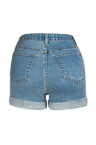 Novelty Womens Blue Shorts Faded Wash Roll-up High Waist Slim Fitted Zipper Fly Denim Shorts
