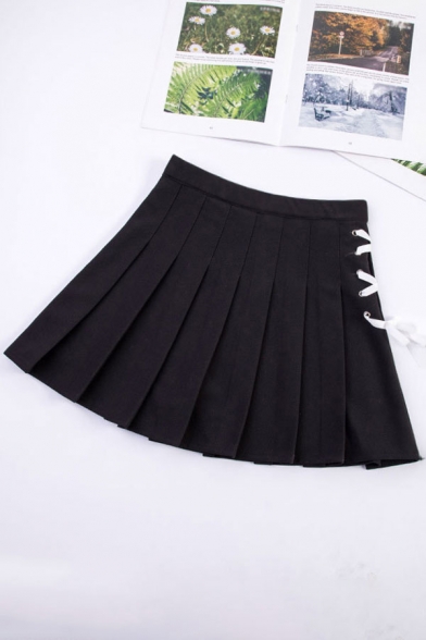 Novelty Womens Skirt Plain Side Lace-up Embellished Mini A-Line Pleated Skirt