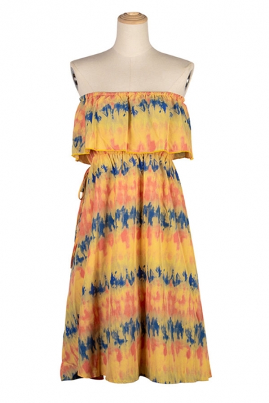 Pretty Womens Tie Dye Print Strapless Ruffled Slit Drawstring Waist Short A-line Tube Dress in Yellow