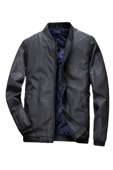 Retro Mens Jacket Abstract Line Printed Rib Cuffs Zipper up Long Sleeve Stand Collar Loose Fit Varsity Jacket