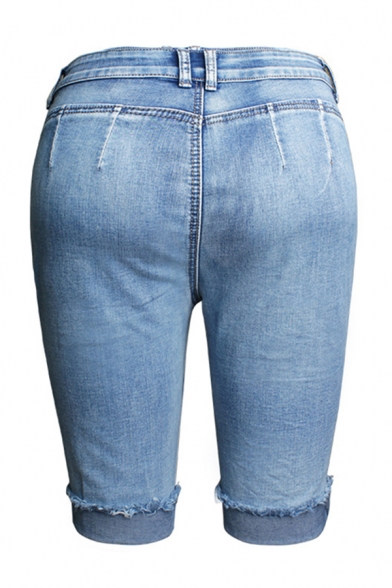 Retro Womens Blue Shorts Faded Wash Ripped Stretch Frayed Hem Rolled Cuffs Zippered Slim Fit Denim Shorts