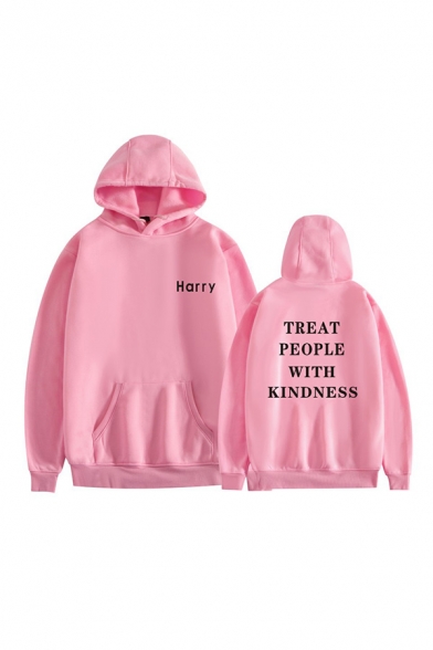 Simple Letter Harry Treat People With Kindness Printed Drawstring Long Sleeve Relaxed  Fit Hooded Sweatshirt with Kangaroo Pocket