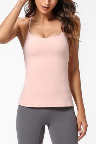 Sport Womens Solid Color Halter Scoop Neck Hollow Out Slim Fitted Cami Top