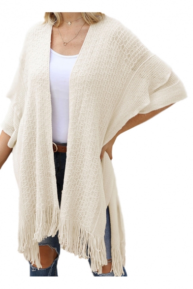 Stylish Womens Plain Tassel Cape Dolman Sleeve Open Front Oversized Knit Cardigan