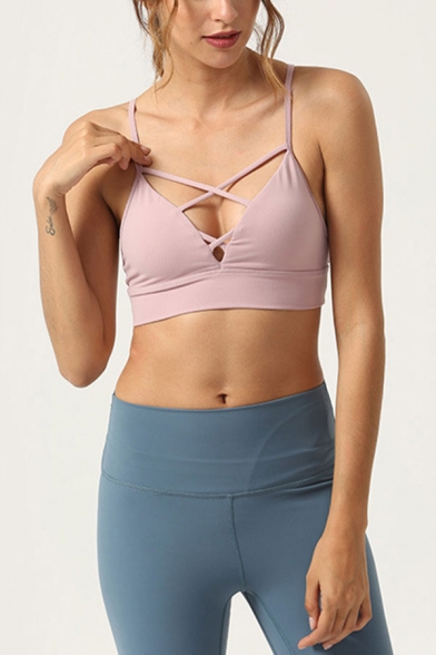 

Training Solid Color Spaghetti Straps Hollow Out V-neck Slim Fit Cropped Cami Top for Ladies, Black;blue;pink;white, LM686174