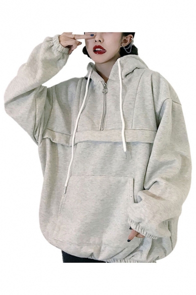 Trendy Womens Solid Color Kangaroo Pocket Patchwork Half Zipper Drawstring Hooded Long Sleeve Loose Hoodie