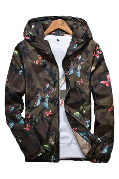 Vintage Mens Jacket Camouflage Butterfly Pattern Cuffed Zipper down Long Sleeve Regular Fit Hooded Casual Jacket