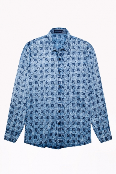 Vintage Mens Shirt Abstract Plaid Pattern Turn-down Collar Button-down Regular Fit Long Sleeve Shirt