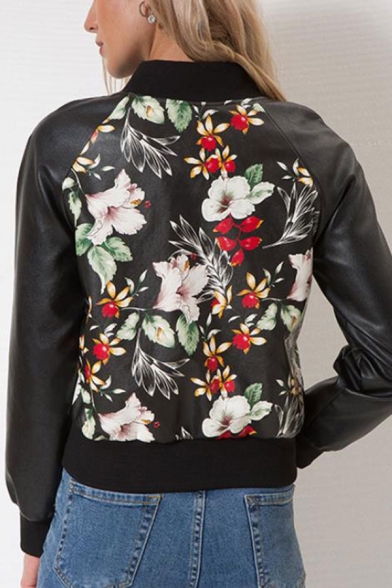 Women's Cool Punk Style Floral Printed Rib Stand Collar Zip Up PU Leather Baseball Jacket