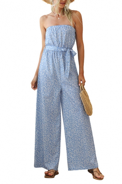 Womens Blue Jumpsuits Creative All-over Leaf Printed Bow-Knot Waist Strapless Full Length Loose Fitted Sleeveless Wide Leg Jumpsuits