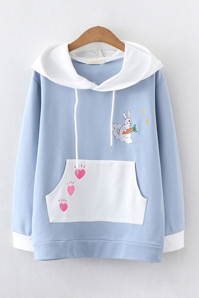 Womens Chic Colorblock Carrot Rabbit Heart Printed Drawstring Loose Fit Long Sleeve Hooded Sweatshirt
