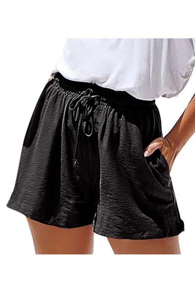 Womens Shorts Chic Solid Color Linen Loose Fitted Drawstring Waist Relaxed Shorts