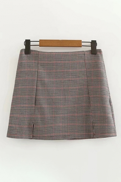 Womens Skirt Trendy Gingham Pattern Double Split High-Waisted Mini Bodycon Skirt