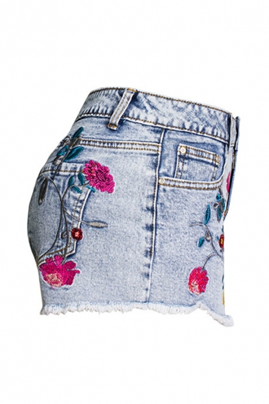 Basic Womens Blue Shorts Flower Embroidery Mid Waist Frayed Hem Slim Fitted Zipper Fly Denim Shorts