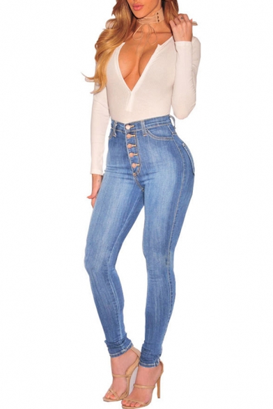 Basic Womens Jeans Button Fly High Waist Mention Hip Skinny Fit 7/8 Length Tapered Jeans