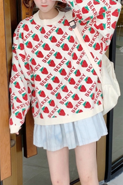 Beige Trendy Long Sleeve Crew Neck BOAAY Letter Strawberry All Over Print Oversize Purl Knit Pullover Sweater for Girls
