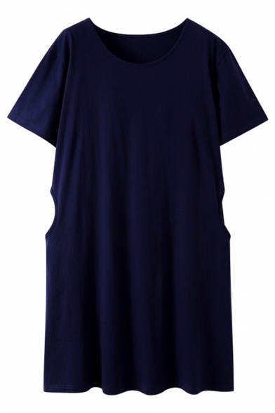 Blue Casual Solid Color Two-Pocket Round Neck Short Sleeve Oversized Midi T Shirt Nightdress for Women