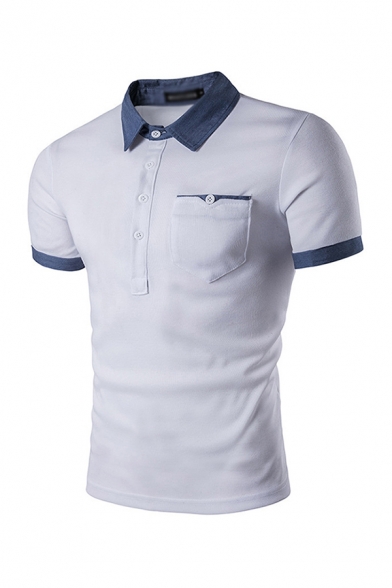 Casual Polo Shirt Patchwork Contrast Trim Spread Collar Short Sleeve Button Detail Slim Fit Polo Shirt for Men