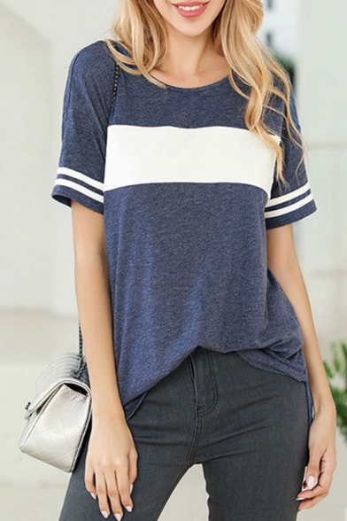 Casual Womens Striped Color Block Split Side Crew Neck Short Sleeve Relaxed Fit Tunic Tee Top