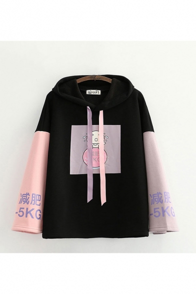 Chic Color Block Cartoon Cat Chinese Letter Graphic Print Drawstring Bell Long Sleeve Loose Fit Hoodie for Ladies