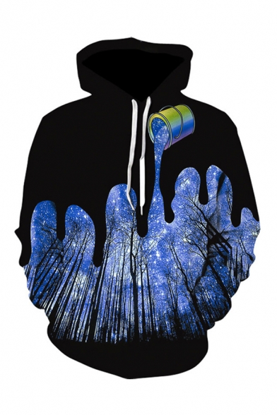 Chic Mens 3D Hoodie Galaxy Color Block Trees Pattern Drawstring Full Sleeve Regular Fitted Hooded Sweatshirt with Pocket