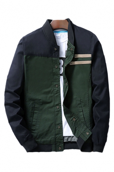 Chic Mens Jacket Colorblock Patch Button Detail Stand Collar Regular Fit Long Sleeve Varsity Jacket
