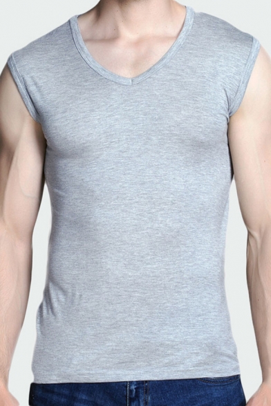 Chic Tank Top Solid Color V Neck Sleeveless Slim Fitted Stretch Tank Top for Men