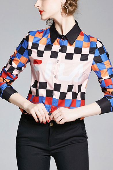 Chic Womens Color Block Button Up Turn Down Collar Long Sleeve Regular Fit Shirt
