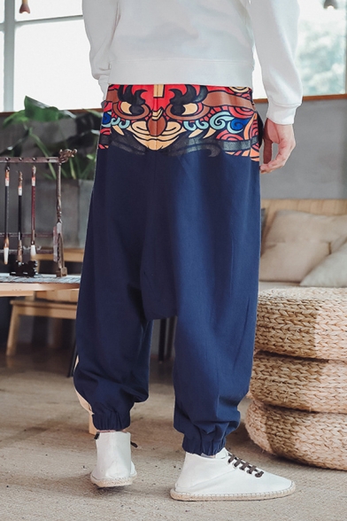 Chinese Style Patterned Drawstring Waist Contrasted Ankle Length Cuffed Oversize Pants for Men