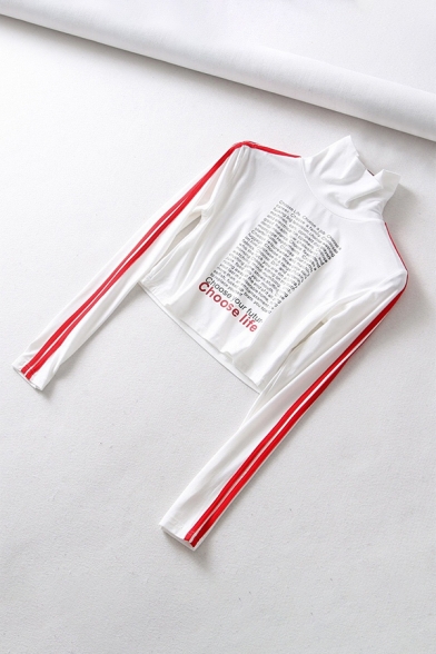 CHOOSE LIFE Letter Contrast Striped Long Sleeve Round Neck Skinny Cropped Tee