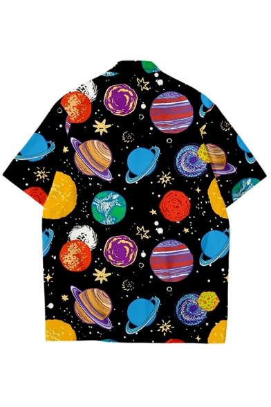 Classic Mens Shirt Astronaut Planet Rocket Flag Pattern Button-down Half Sleeve Notch Collar Regular Fit Shirt