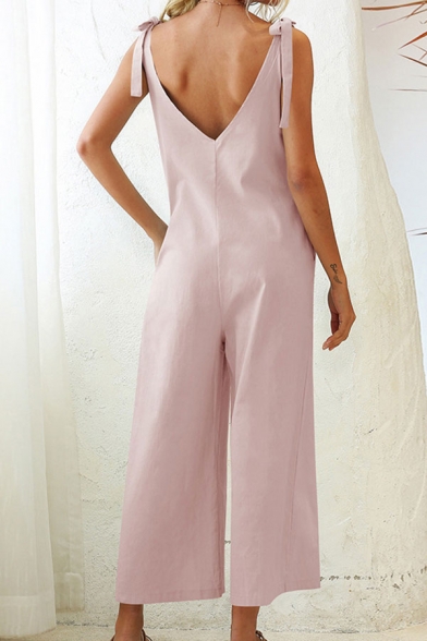 Classic Womens Jumpsuits Plain Backless Knot Strap V-Neck Loose Fitted Sleeveless Cropped Wide Leg Jumpsuits