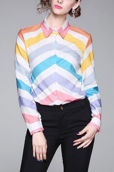Colorful Fashion Womens Chevron Printed Button Up Turn-down Collar Long Sleeve Regular Fit Shirt