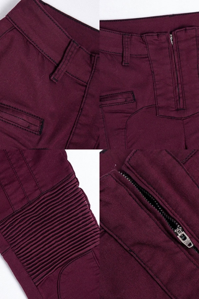 Cool Burgundy Womens Jeans Plain Pleated Zipper Fly Slim Fit 7/8 Length Tapered Jeans