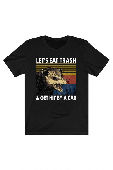 Cool Mens T-Shirt Mouse Striped Letter Let's Eat Trash Pattern Regular Fit Short Sleeve Round Neck T-Shirt