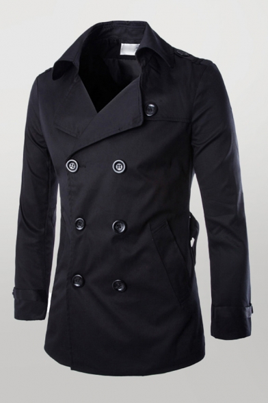 Cool Mens Trench Coat Plain Double-Breasted Epaulette Wide Lapel Collar Mid-Length Long Sleeve Slim Fitted Trench Coat