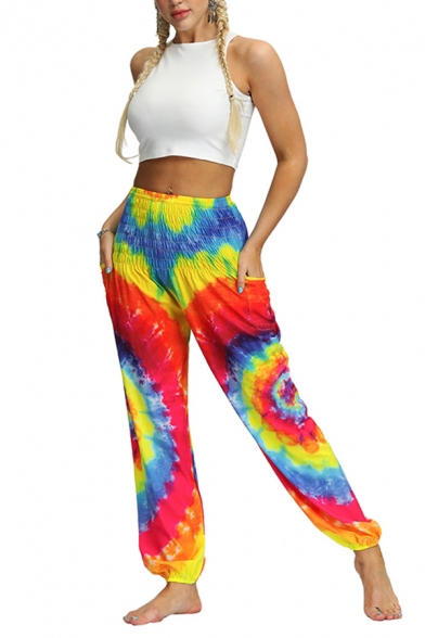 Cool Womens 3D Pants Circular Tie Dye Cuffed Mid Elastic Rise Loose Fitted 7/8 Length Relaxed Pants