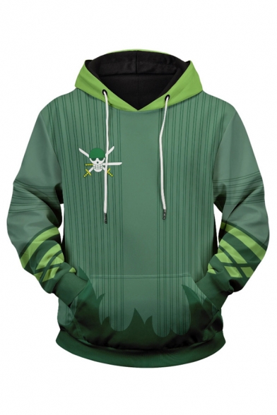 Designer Green Skull Letter Graphic Long Sleeve Striped Pouch Pocket Loose Fit Hoodie for Men