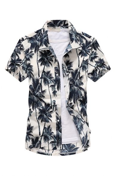 Fancy Shirt All over Tree Printed Button down Short Sleeve Turn down Collar Regular Fitted Shirt for Men