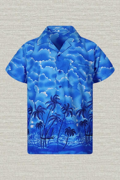 Fashion Shirt Cartoon Beach Cloud Trees Sun Pattern Button up Pocket Regular Fitted Short-sleeved Notch Collar Shirt for Men