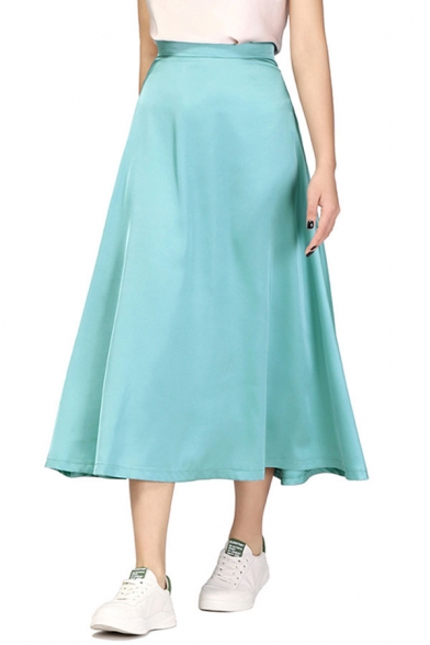 Fashion Womens Skirt Solid Color Elastic Waist Zip Placket High Waist Long A-Line Skirt