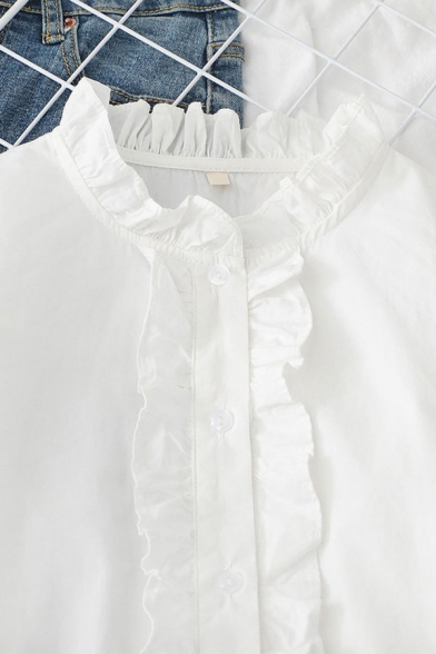 Girls Pretty Stringy Selvedge Long Sleeve Collarless Button Up Curved Hem Loose Fit Shirt Top in White