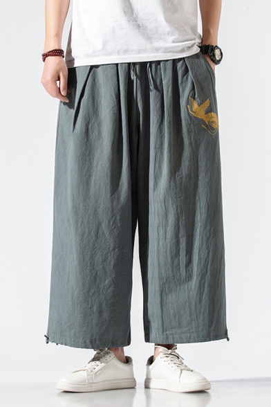 Guys Linen and Cotton Crane Embroidered Drawstring Waist Ankle Length Cuffed Oversize Vintage Pants