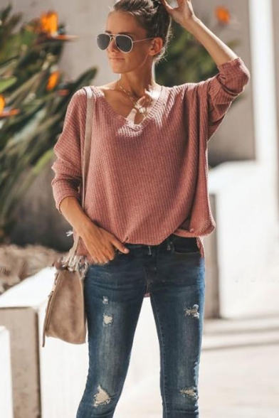 Fashion Plain Sexy V-Neck Long Sleeve Casual Tee for Women