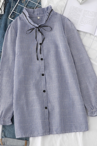 Leisure Womens Stripe Printed Long Sleeve Stringy Selvedge Bow Tied Button Up Loose Fit Shirt in Blue