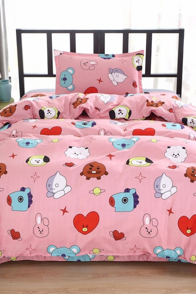 Lovely All Over Cartoon Print Sheet Duvet Cover Pillow Case 3 Piece Bedding Set in Pink