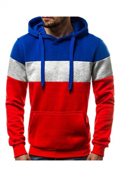Mens Fashion Hooded Sweatshirt Color Block Drawstring Ribbed Trim Kangaroo Pocket Long-sleeved Slim Fit Hooded Sweatshirt